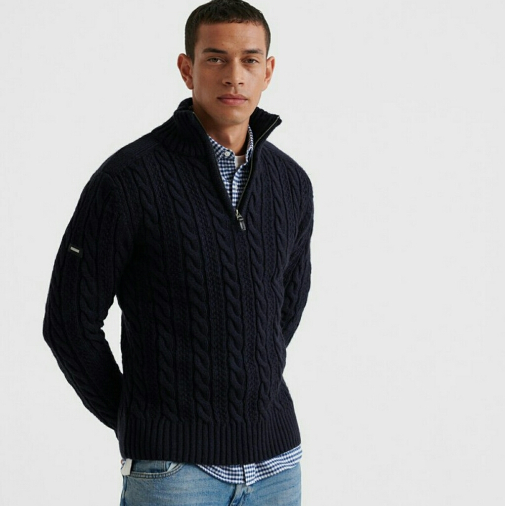 Brooks Brother's Zip Cable Sweater Navy L